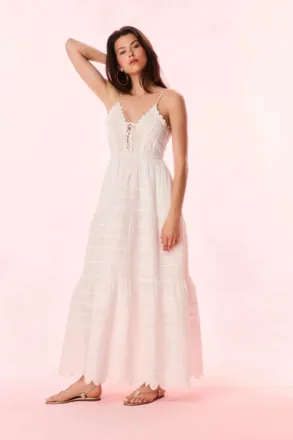 LoveShackFancy Womens Terria Cotton Scalloped Maxi Dress In Optic White