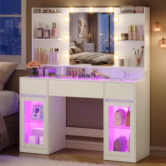 Vasagle Vasagle Tavolo Da Trucco Con Specchio, Postazione Trucco Con Luci Rgb E Prese, Armadietti In Vetro, Senza Sgabello, 107 X 40 X 144,5 Cm, Bianco, Per C