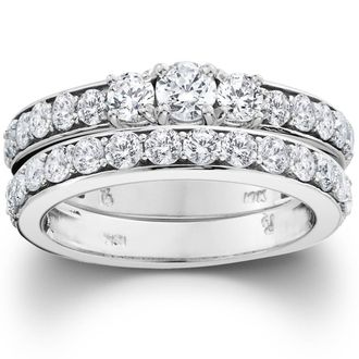 Pompeii3 2 1/6ct 3-Stone Diamond Engagement Wedding Ring Set 10K White Gold