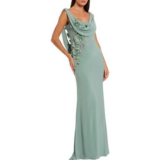 Mac Duggal Sleeveless 3D Flower Detailing Cowl Neck Gown in Sage at Nordstrom, Size 10