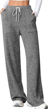 Generic Womens Ribbed Knit Pants - Lounge Pyjama Pant, Drawstring Elastic High Waist Trousers with Pockets, Loose Wide Leg Comfy PJ Bottoms, Sweatpants, Homew