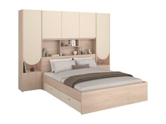 Vente-Unique Cama puente 160 x 200 cm con almacenamiento - Con LEDs - Color: Beige y natural - DOMELITO