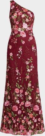 Mac Duggal One-Shoulder Floral Embroidered Gown