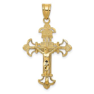 Diamond2Deal 14k Yellow Gold INRI Fleur De Lis Crucifix Pendant