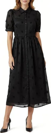 Mila Mae 3D Flower Puff Sleeve Midi Shirtdress in Black at Nordstrom, Size X-Large