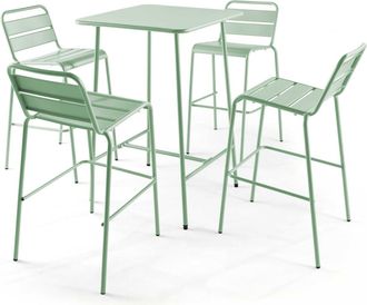 Oviala Mesa de bar y 4 taburetes altos de metal verde salvia