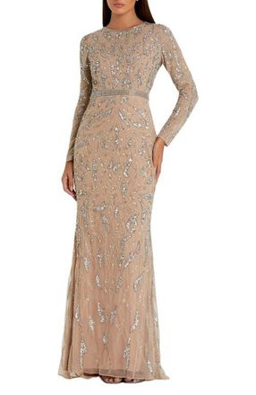 Mac Duggal Abstract Beaded Long Sleeve Evening Gown in Mocha at Nordstrom, Size 18