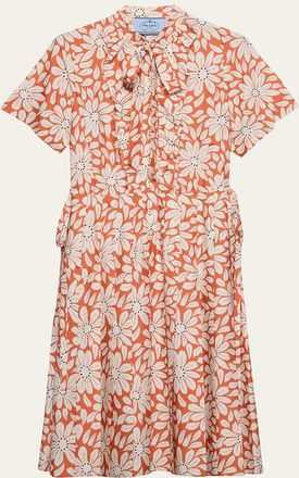 Prada Floral-Print Pleated Pong&eacute; Dress