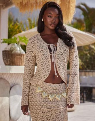 South Beach Top da mare a maniche lunghe allacciato sul davanti in maglia effetto popcorn beige-Neutro