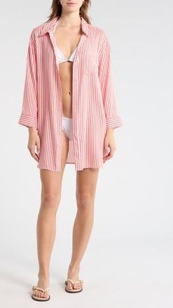 Nordstrom Rack Printed Flowy Long Sleeve Tunic in Coral Faded Stripe at Nordstrom Rack, Size X-Large