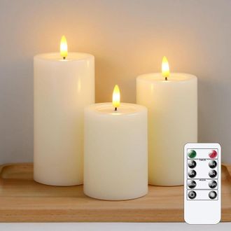 OEM Velas Led Sin Llama Con Efecto De Cera De Aceite, Control Remoto Con Parpadeo, Juego De 3, Columna Color Marfil, Temporizador A Pilas, Velas El&eacute;ctrica