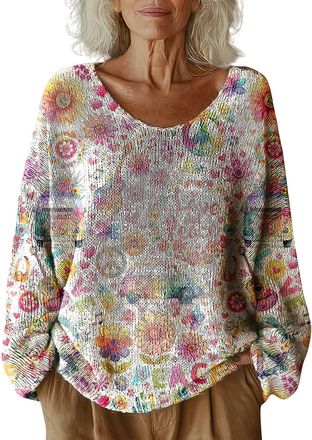 Generic Elegant Tops Womens Vintage Round Neck Knitted Jumper Boho Blouse Casual Long Sleeve Shirt Floral Print Comfortable Top Loose Sweatshirt Winter Jumper