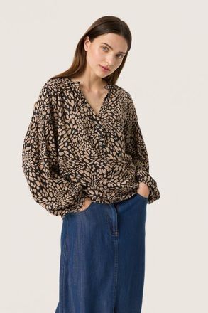 Soaked In Luxury SLNaya Casual Fit Long Sleeve Blouse in Black With Brown Dots at Nordstrom, Size X-Small
