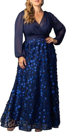 Kiyonna Blossoming Beauty Long Sleeve Mesh Evening Gown in Navy Blossoms at Nordstrom, Size 0X