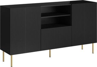 Dmora Aparador Stornara, Aparador De Sal&oacute;n Con Dos Puertas Batientes, Un Caj&oacute;n Y Dos Compartimentos Abiertos, Dise&ntilde;o Efecto Estriado, 150 X 42 H 82 Cm, Negr