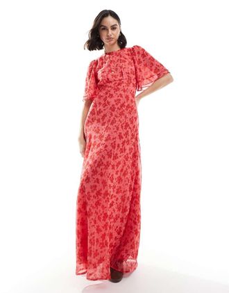Wednesday's Girl floral print high neck ruffle sleeve maxi dress in fuchsia pink
