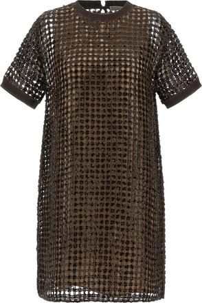 Brunello Cucinelli Sequin Mesh Mini Jurk - Dames - Korte kleedjes - Bruin - S - Linnen - Kleedjes