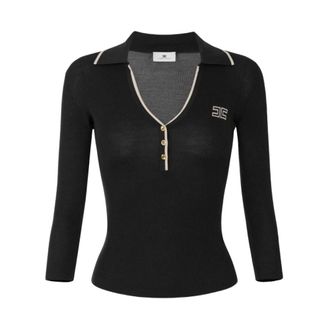 Elisabetta Franchi Geribbelde gebreide polo - Dames - Truien - Zwart - Maat: S Wol