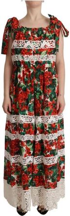 Dolce & Gabbana Geranium Print Lace Lange Maxi Jurk - Dames - Avondkleed - Veelkleurig - L - Katoen - Kleedjes