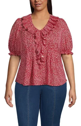 Lands End Puff Sleeve Slub Ruffle Pintuck Top in Red Ditsy Floral at Nordstrom, Size 3X