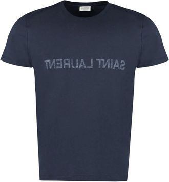 Saint Laurent Tops, Heren, Blauw, M, Katoen, Cotton Jersey T-Shirt met Logo in Reli&euml;f
