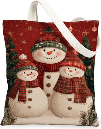Generic Christmas Snow Man Canvas Tote Bags, Winter Cold Pattern Reusable Grocery Bags, Vintage Lightweight Washable Shoulder Strap, Red, 13x15 Inch