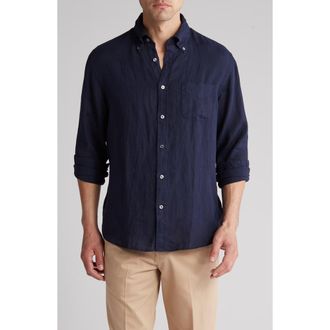 Brooks Brothers Regular Fit Linen Dress Shirt in Navy at Nordstrom Rack, Size Medium