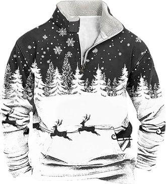 Generic Mens 1/4 Zip Christmas Funny Xmas Warm Cosy Sweaters Sweatshirt Xmas Tree Pullover Ugly Christmas Jumper Long Sleeve Sweater Fleece Stand Collar Sweat