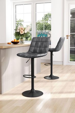 Living and Home 2Pcs Set Grid PU Leather Upholstered Swivel Bar Stool Adjustable Height in Grey