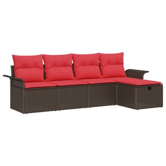 vidaXL Conjunto De Sof&aacute; De Jard&iacute;n 5 Pcs Marr&oacute;n Y Rojo Rat&aacute;n Sint&eacute;tico Vidaxl
