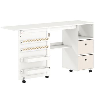 OEM Mesa De Costura Plegable Con 6 Ruedas 18 Clavijas 2 Cajones Y 3 Compartimentos Blanco