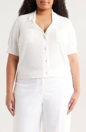 Tahari by ASL Pointelle Stitch Short Sleeve Cardigan in White at Nordstrom, Size 1 X