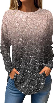 Generic Deals of The Day Sale Black of Friday Tunic Tops for Women Fashion Gradient Dye Long Sleeve Pullover Tops Plus Size Crewneck T Shirts Casual Oversized