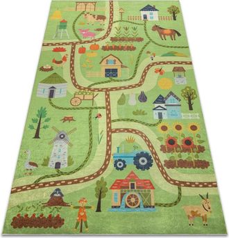 RugsX Alfombra Lavable Bambino 50200 Aldea, Calles Para Ni&ntilde;os Antideslizante - Verde / Marr&oacute;n Green 200x290 Cm