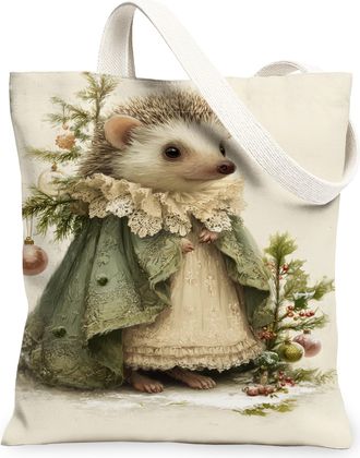 Generic Cute Hedgehog Canvas Tote Bags, Adorable Animal Design Lightweight Reusable Grocery Bags, Winter Holiday Vintage Washable S, Green, 13x15 Inch