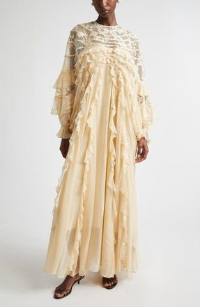 Zimmermann Rebellion Splice Long Sleeve Lace Ruffle Silk Maxi Dress in Cream at Nordstrom, Size 0