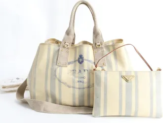 Prada Canapa Beige Navy Leather Coated Canvas Shoulder Bag Tote Bag (Pre-Owned)
