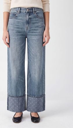 Tory Burch Wide Leg Jeans in Denim with Double T Monogram and Cuffs