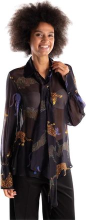 5 Progress Zijden mix shirt met tribal panterprint - Dames - Overhemden - Zwart - L - Overhemden