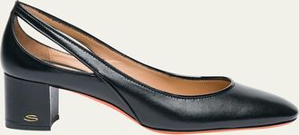 Santoni Cut-Out Mixed Leather Block Heel Pumps