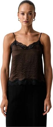 Twinset Froiss&eacute; satien en kanten top - Dames - Tops - Bruin - Maat: S Satijn