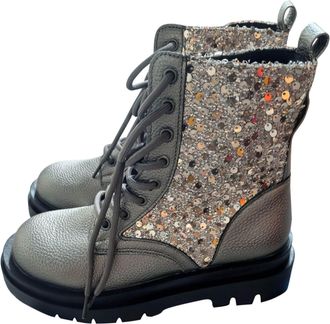 Generic Gray Ladies Stylish and Casual British Style Versatile Thick Sole Sequin Fine Sparkling Round Toe Lace Up Boots for Outdoor Indoor