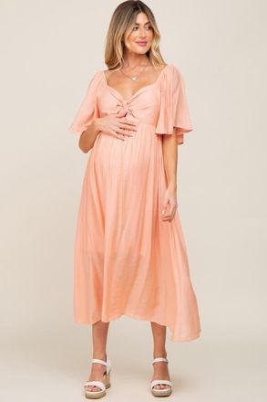 Pinkblush Front Tie Ruffle Sleeve Midi Dress in Peach at Nordstrom, Size Small