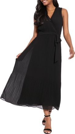 London Times Pleated Surplice Neck Midi Dress in Black at Nordstrom Rack, Size X-Large
