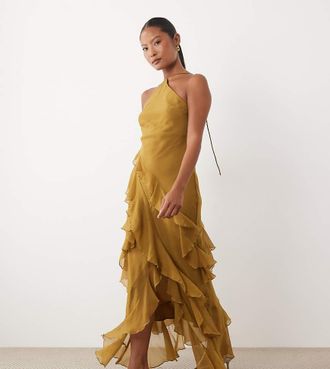 Asos Petite ASOS DESIGN Petite - Vestito lungo taglio sbieco color tabacco con fondo ampio, volant e orlo asimmetrico-Multicolore