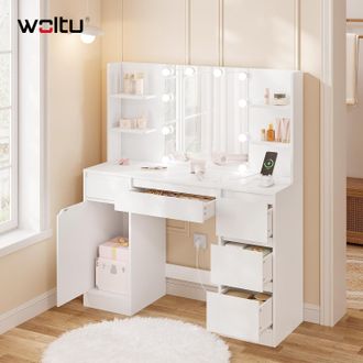 Woltu Woltu Toeletta Con Specchio Led, Luci Led Regolabili A 3 Colori, Toeletta Per Il Trucco, Bianco
