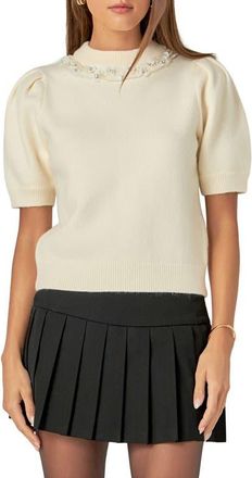 English Factory Embellished Puff Sleeve Sweater in Off White at Nordstrom, Size Large