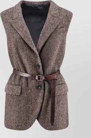 Brunello Cucinelli virgin wool herringbone belted sleeveless single breasted coat
