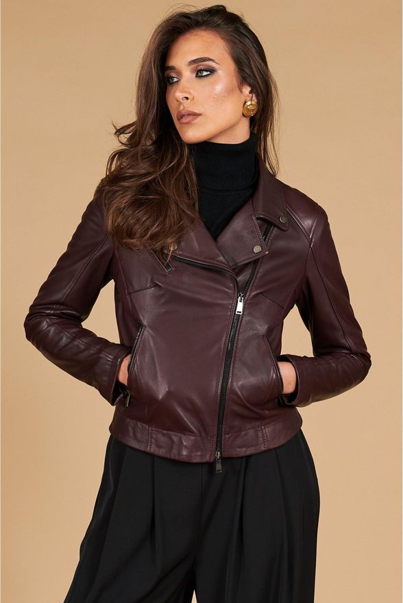 Giacca chiodo in pelle naturale bordeaux effetto liscio DArienzo, Seleziona Taglia XL, Colore Vinaccio