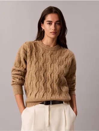 Calvin Klein Womens Wool Blend Cable Knit Sweater - Brown - XL
